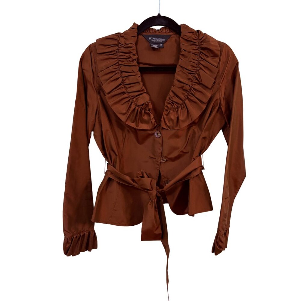 Ruffle Frill Collar Belted Old Money Blouse, J. Peterman - Brown, Size 10